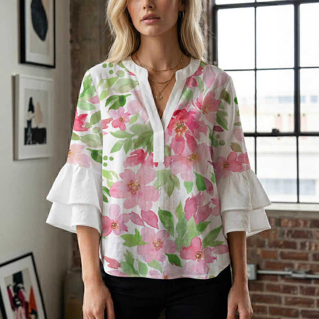 Ladies blouse with voluminous ruffled sleeves and floral print Lune London