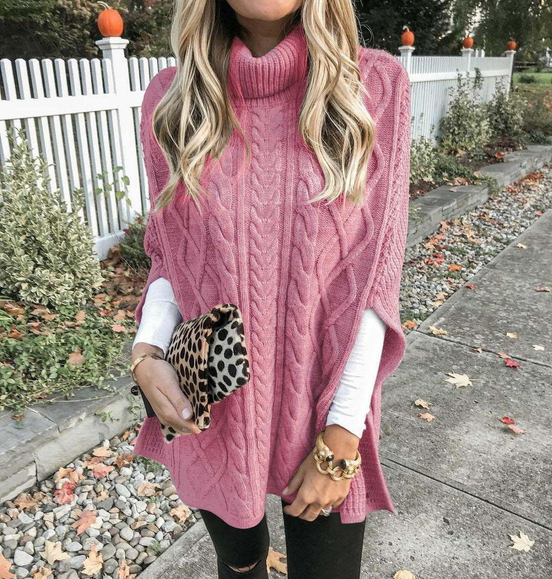 Women's Chunky Knit Poncho with High Collar and Cable Design Chic Und Stil