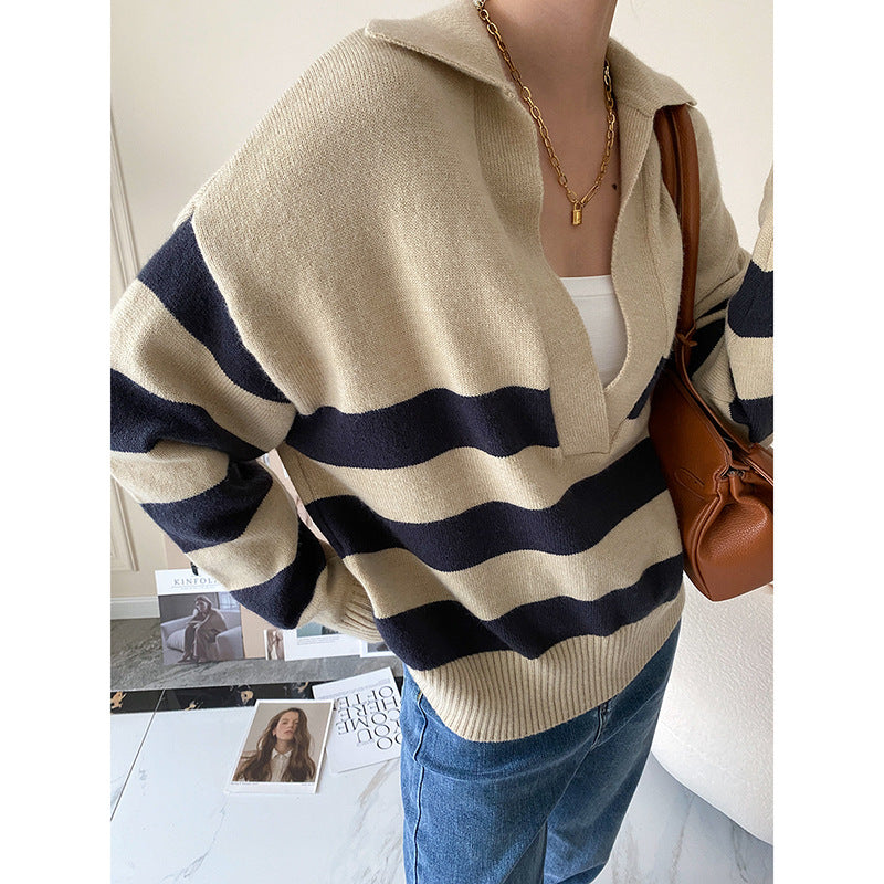 Ladies knit sweater with V-neck and stripes