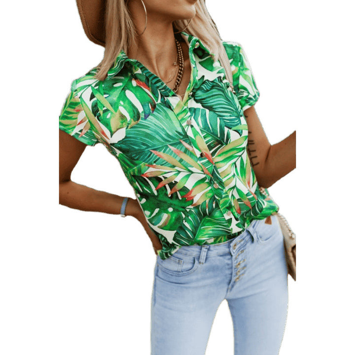 Women Short Sleeve Shirt with Bright Print and Button Placket Lune London