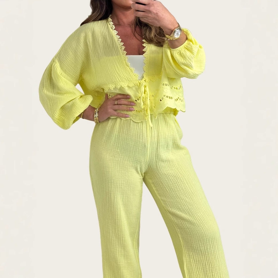 Women Two-Piece Set with Crochet Accents and Chic Loose Fit