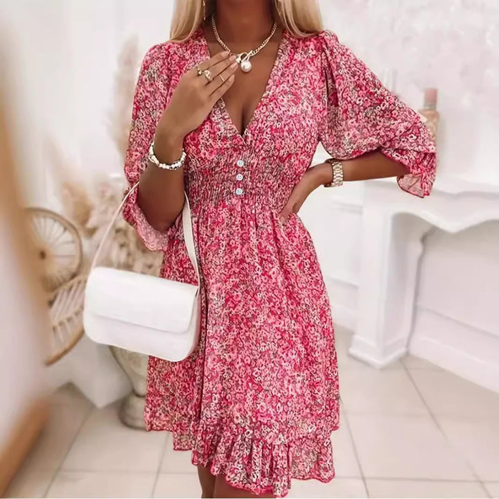 Ladies Mini dress playful and elegant with deep V-neckline and ruffle details Lune London