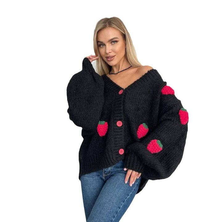 Women's knitted jacket with a playful strawberry pattern and wide sleeves Lune London
