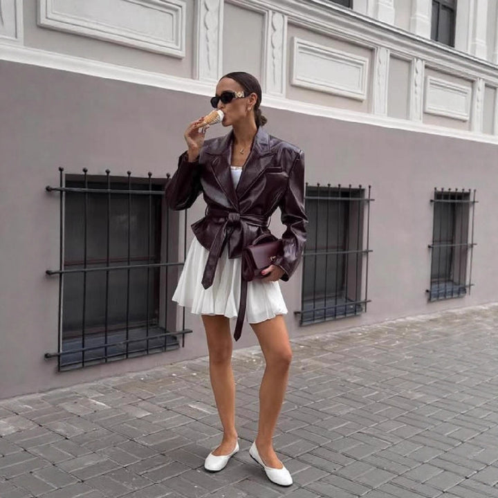 Faux leather blazer for women with adjustable belt Lune London
