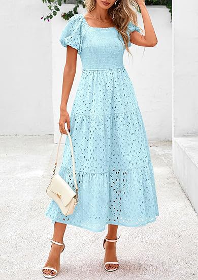 Maxi dress for women with decorative cut-out pattern and puff sleeves Lune London