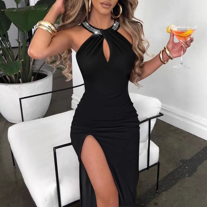 Women's Elegant Tube Dress with Rhinestone Details and Sexy Leg Slit Lune London