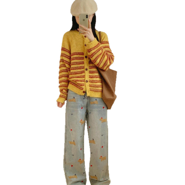 Comfortable cardigan jacket for women with contrasting stripes and large buttons Lune London