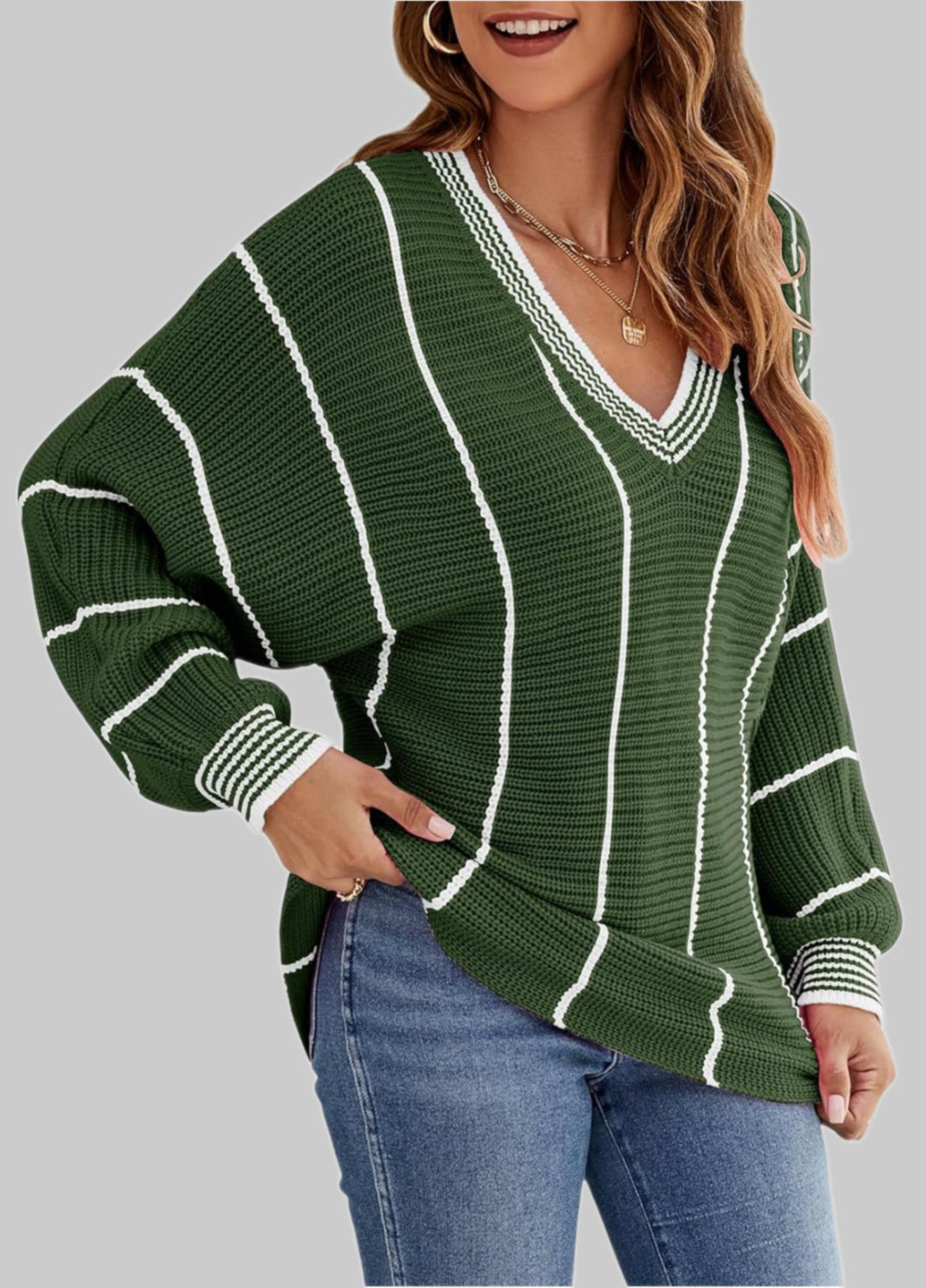 Casual knitted sweater for women with V-neck and wide stripes Lune London