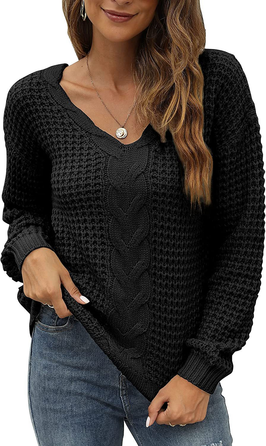 Casual knit pullover for women with deep V neckline and detailed cable pattern Lune London