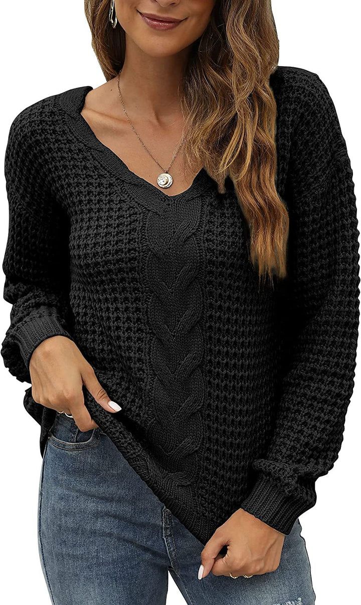Casual knit pullover for women with deep V neckline and detailed cable pattern Lune London