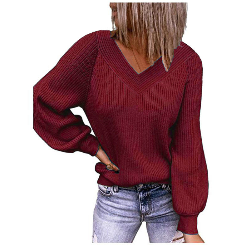 Knitted sweater for women with V-neck and puff sleeves Lune London