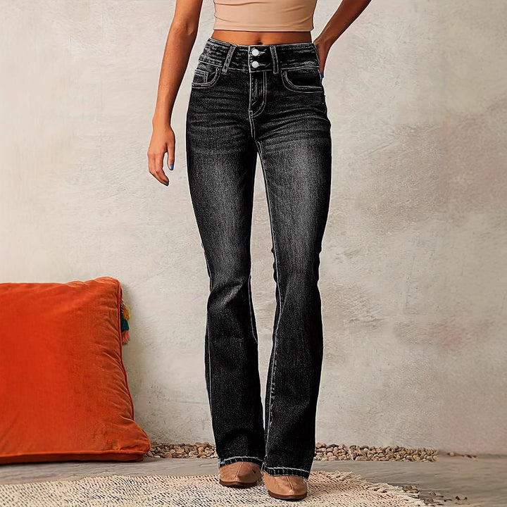 Women's High Waist Flared Jeans with Decorative Button Details and Figure-Flattering Cut