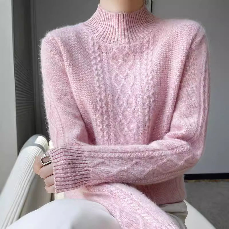 Womens knitted sweater with an elegant cable pattern and a high closed collar Lune London