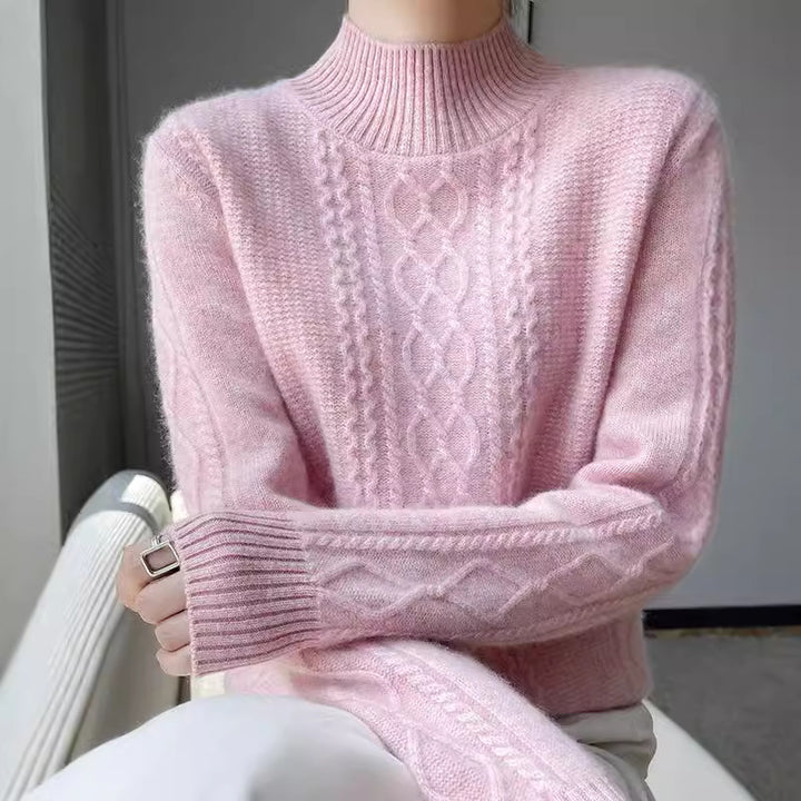 Womens knitted sweater with an elegant cable pattern and a high closed collar Lune London