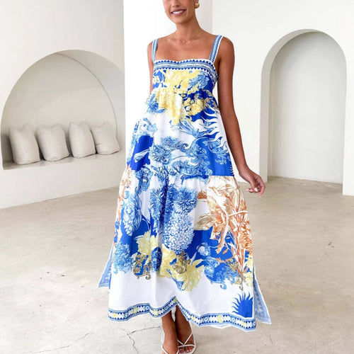 Women's Maxi Beach Dress in Floral Design with Adjustable Spaghetti Straps