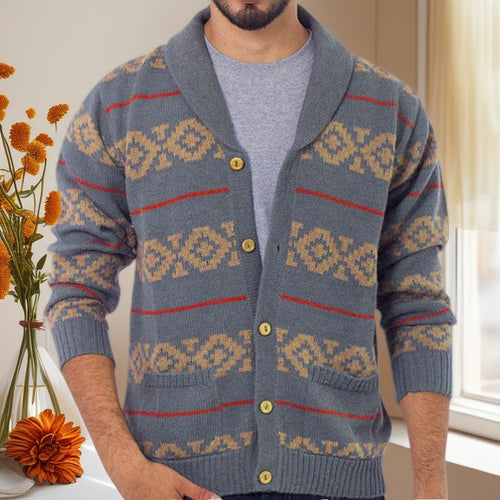 Men's knitted jacket with a modern geometric pattern and practical pockets Lune London