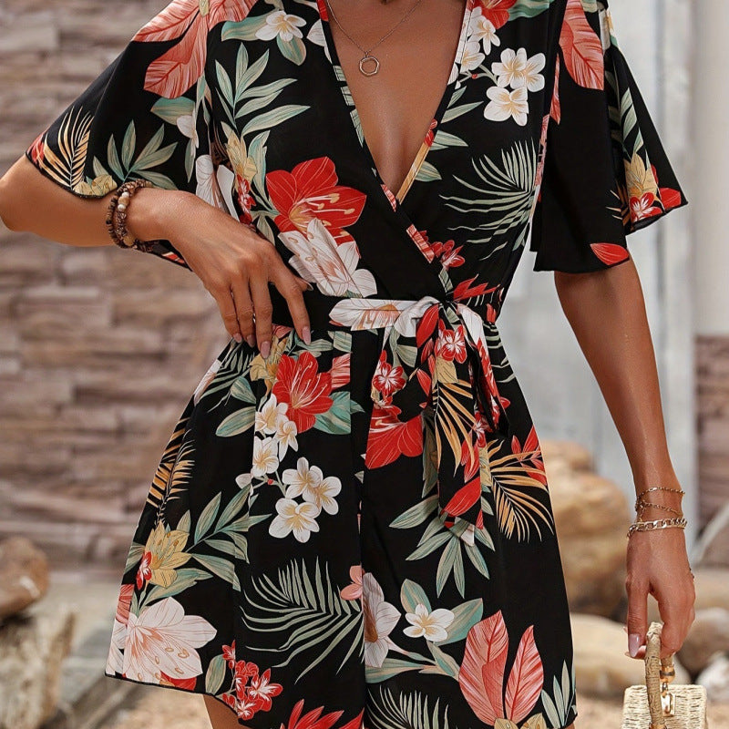 Floral print culotte dress for women with belt Lune London
