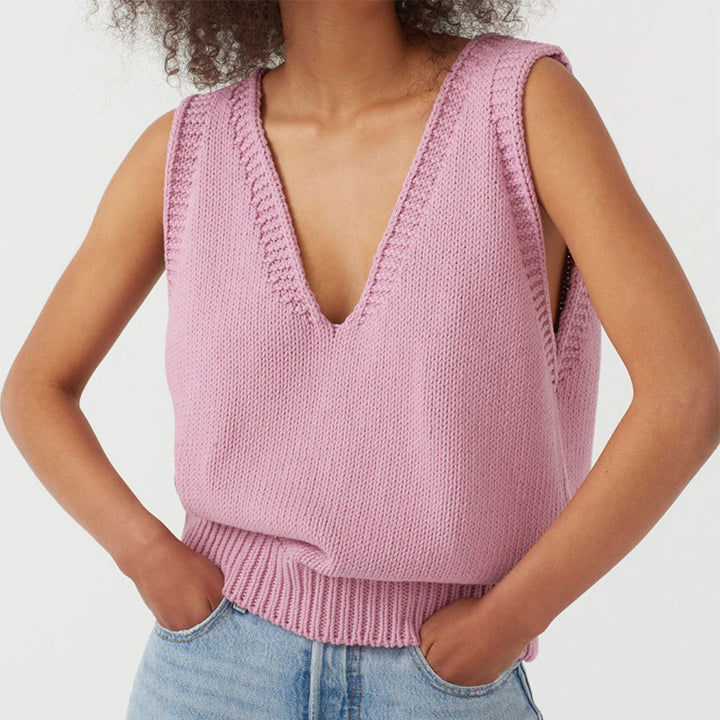 Women's stylish knit top with deep V-neck and wide straps Lune London