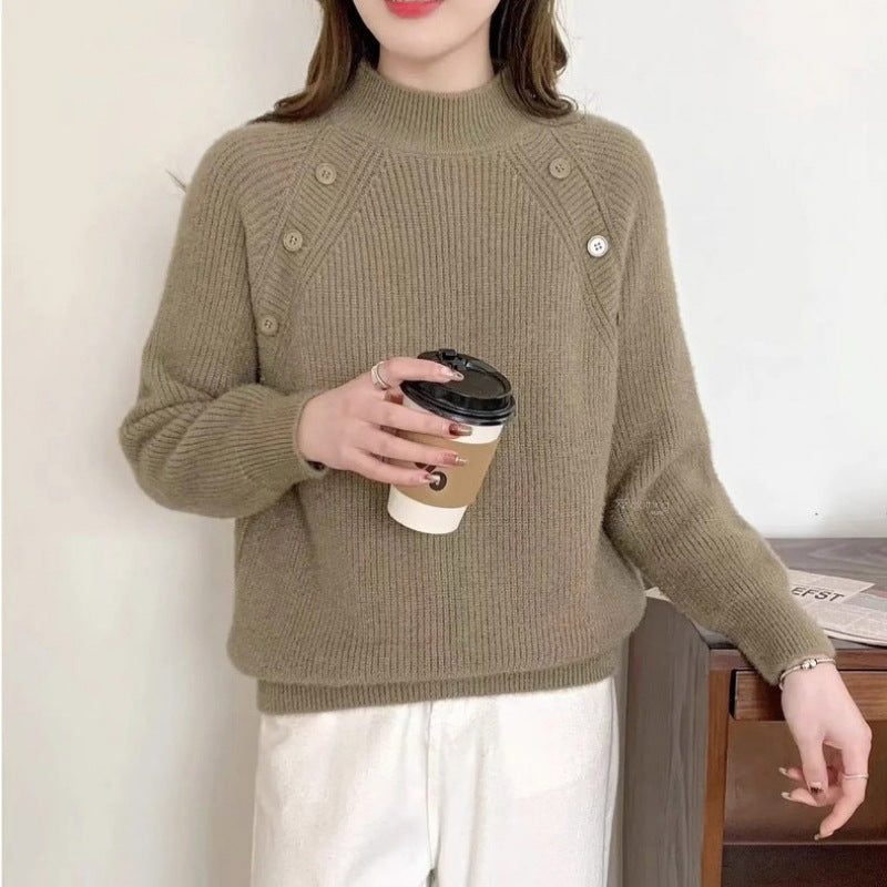 Chunky knit sweater for women with modern high collar and button details Lune London