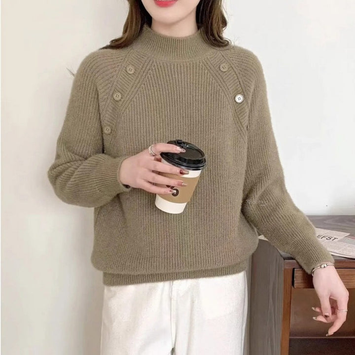 Chunky knit sweater for women with modern high collar and button details Lune London