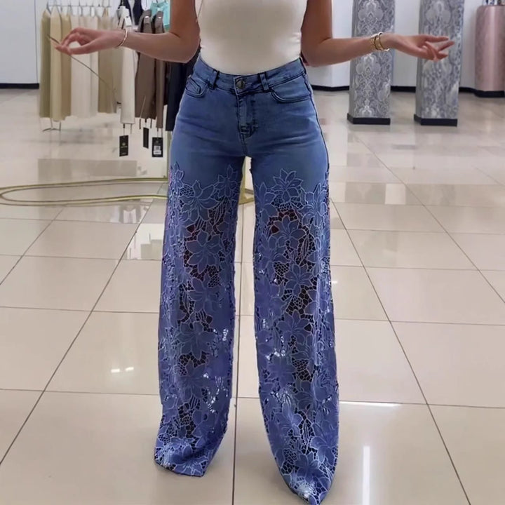 Women Elegant Wide Leg Jeans with Floral Lace Insert Lune London