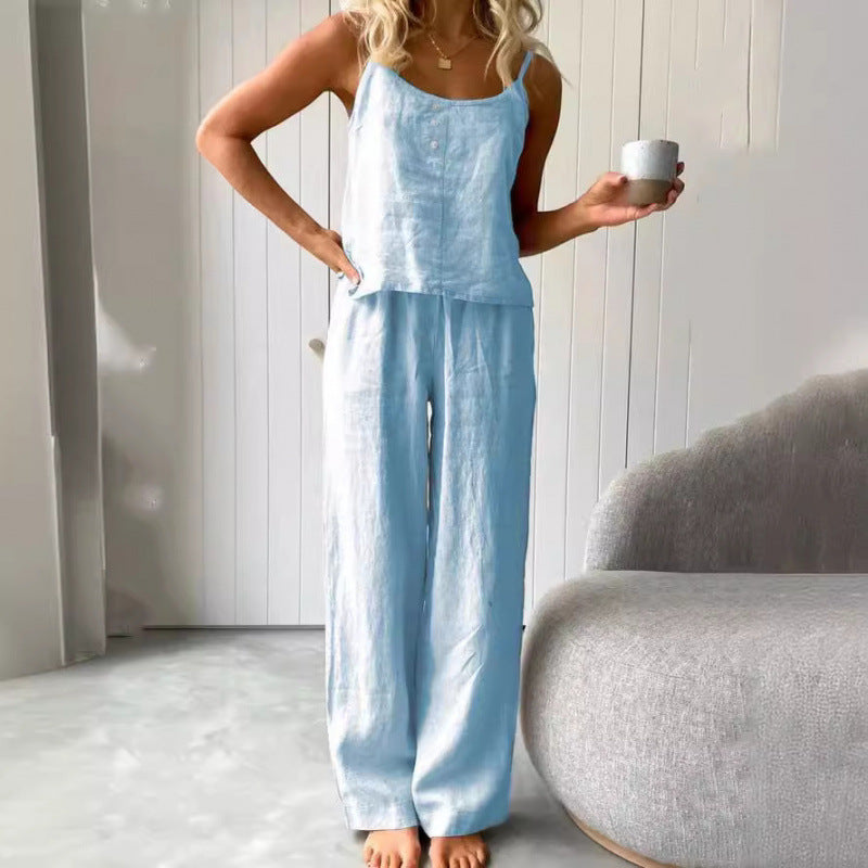 Casual linen set for women with strapless blouse and wide leg pants Lune London