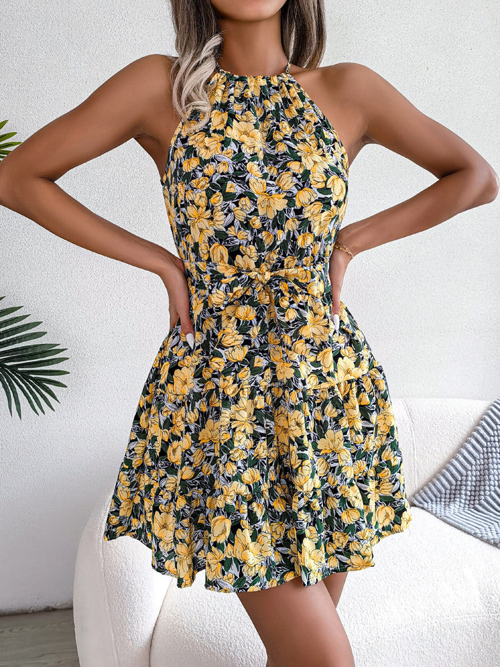 Short dress for women, floral print with high neckline and fitted silhouette Lune London
