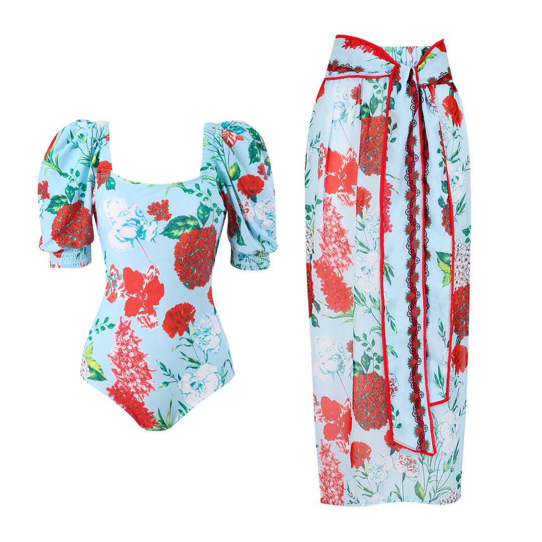 Ladies' swimsuit with voluminous puff sleeves and a matching wrap skirt Lune London