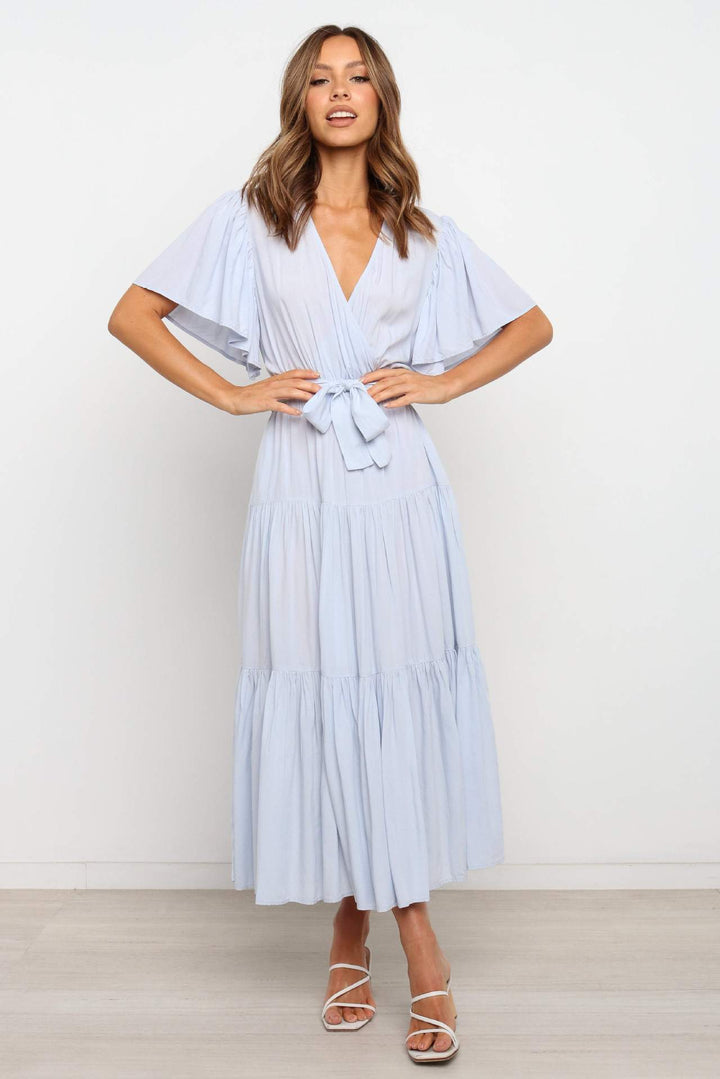Lune London Fluid maxi dress for women with tie-up belt and butterfly sleeves