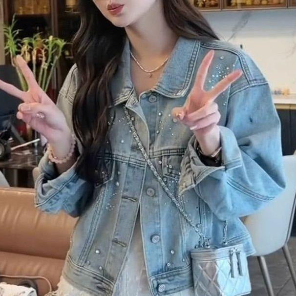 Veste en denim pour femme avec perles décoratives Chic & Stil