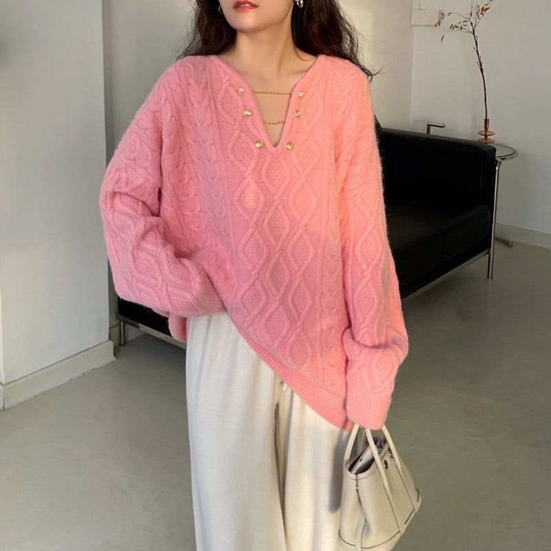 Pull épais en tricot pour femmes avec fermeture à boutons décoratifs et décolleté en V Chic & Stil
