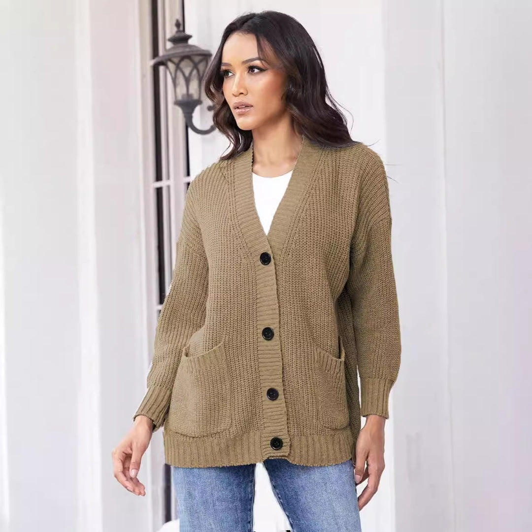 Ladies Chunky Knit Cardigan with practical pockets and classic button closure Lune London