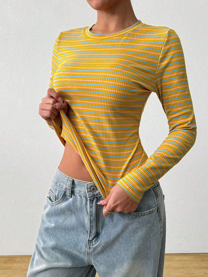 Women’s long sleeve striped ribbed texture top with round neck Lune London