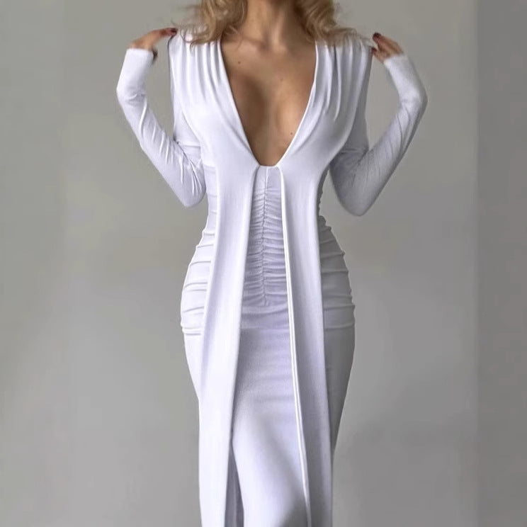 Women's dress that highlights the silhouette with a deep V-neckline and refined ruffle details Lune London