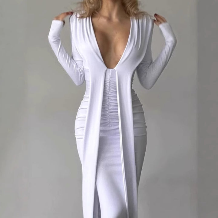 Women's dress that highlights the silhouette with a deep V-neckline and refined ruffle details Lune London