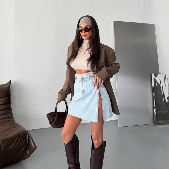 Denim skirt for women with asymmetrical hem and side zipper Lune London