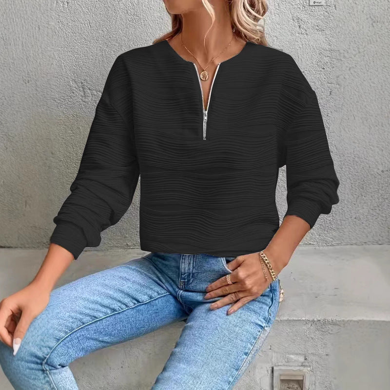 Ladies Modern Sweatshirt with Half Zipper and Textured Design Lune London