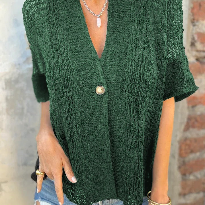 Knit blouse for women with modern openwork patterns and an elegant button front Lune London