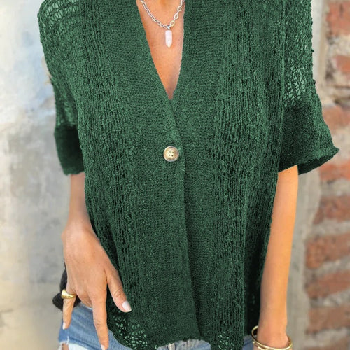 Knit blouse for women with modern openwork patterns and an elegant button front Lune London