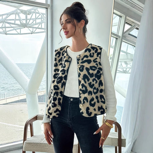 Ladies Chic and Stylish Leopard Print Plush Gilet