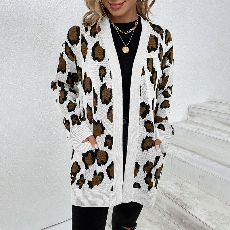 Leopard print knit jacket for women with practical pockets Lune London