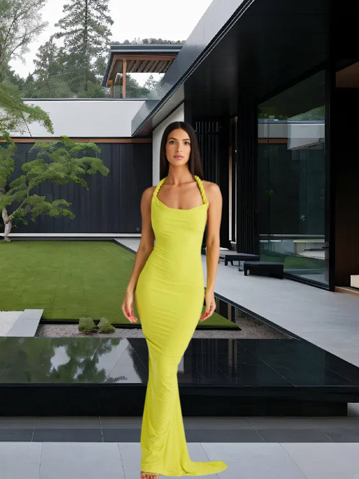 Women figure-hugging evening dress with elegant halter design and swinging hem Lune London