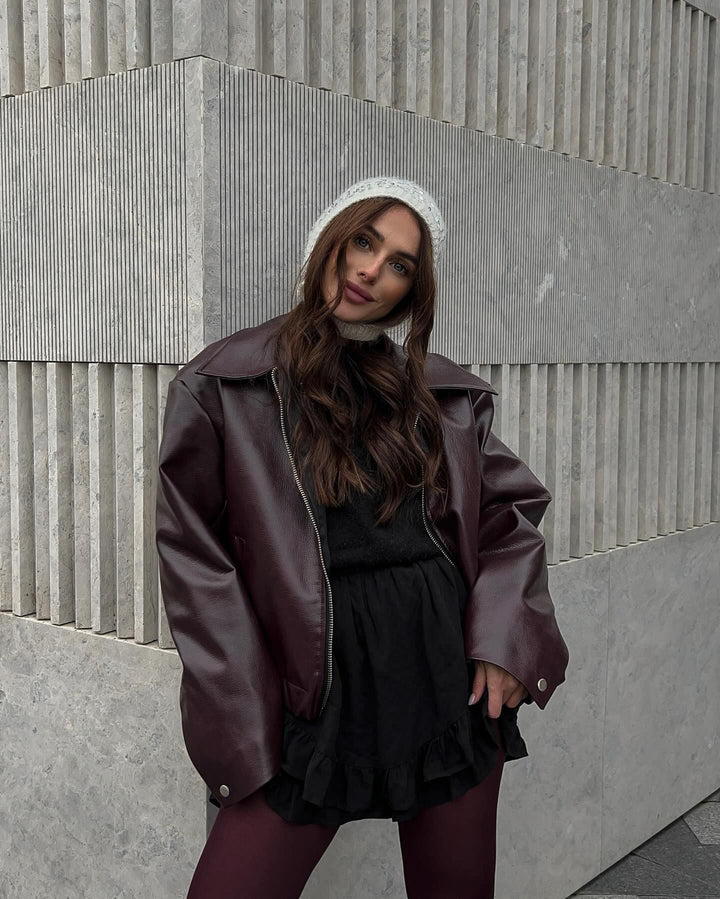 Ladies oversized synthetic leather jacket with wide collar and zipper Lune London
