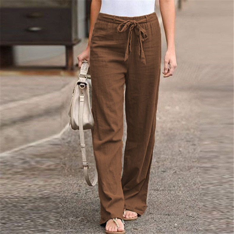 Linen pants for women with elastic waistband and tie belt Lune London