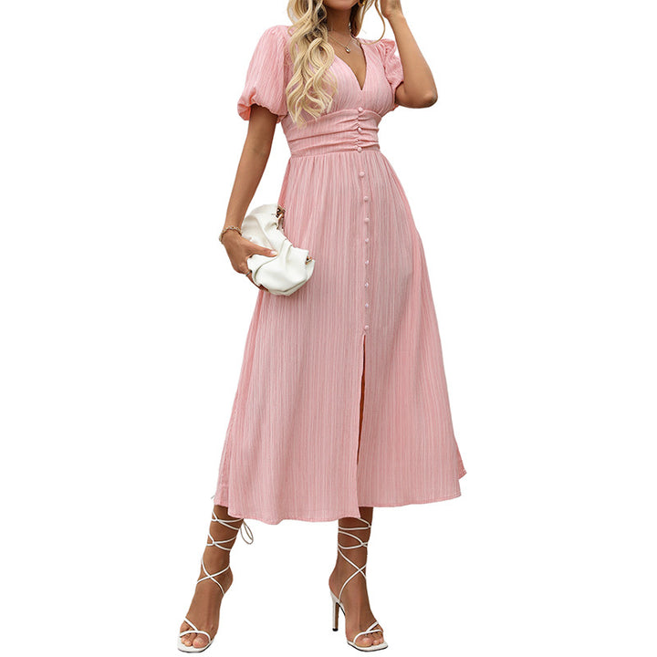Lune London women's puff sleeve pleated maxi dress with button closure