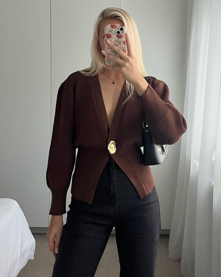 Women's fashion knitted cardigan with deep V-neck and decorative button Lune London