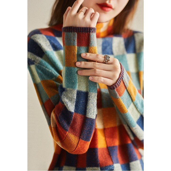 Pull en tricot pour femmes avec un motif à carreaux moderne et un col haut Lune London