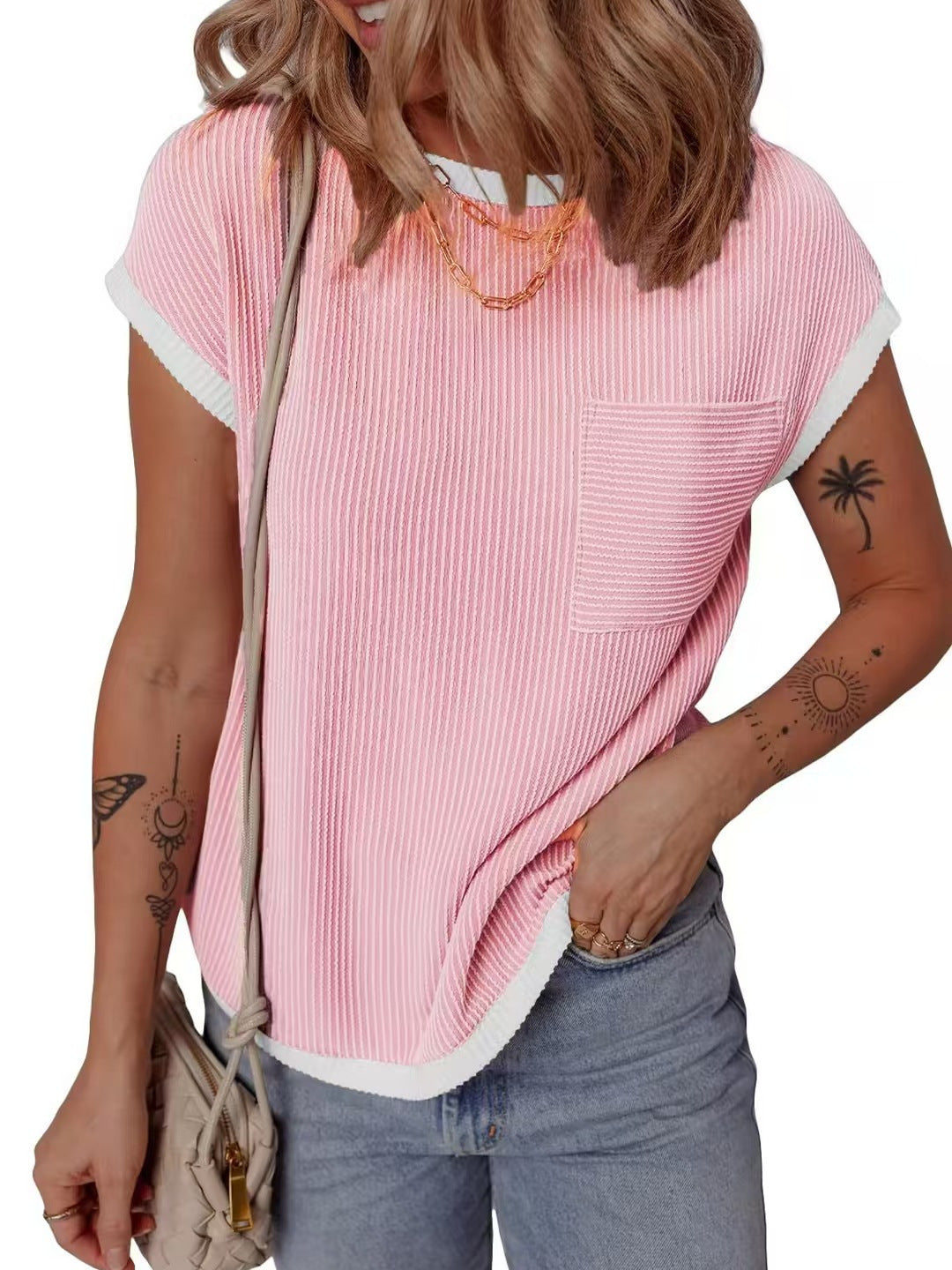 Boxy textured T-shirt for women with pocket Lune London
