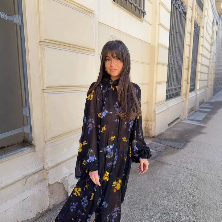 Maxi dress for women with elegant high collar and printed floral design Lune London