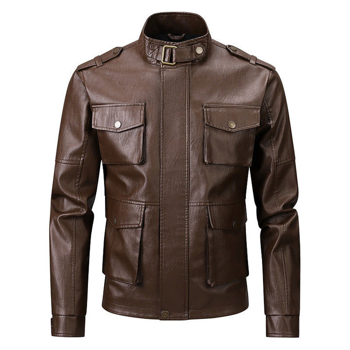 Veste militaire pour hommes en simili cuir avec poches pratiques et col haut Lune London